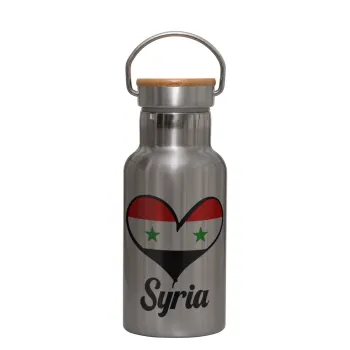 Syria flag, Stainless steel metallic thermos flask, silver with a bamboo lid, double-walled, 350ml.