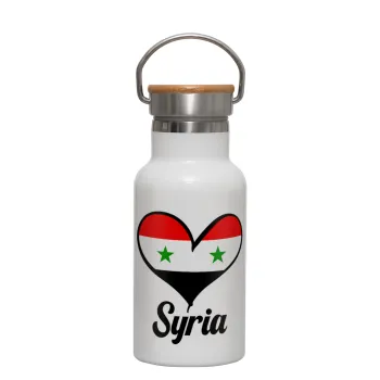 Syria flag, Metallic thermos (Stainless steel) White with wooden lid (bamboo), double-walled, 350ml