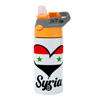 Syria flag, Παιδικό παγούρι θερμό, ανοξείδωτο, με καλαμάκι ασφαλείας, Πορτοκαλί/Γκρι (360ml) BPA-FREE
