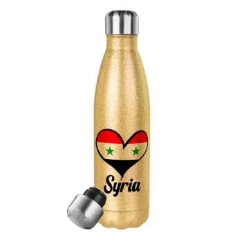Syria flag, Μεταλλικό παγούρι θερμός Glitter χρυσό (Stainless steel), διπλού τοιχώματος, 500ml