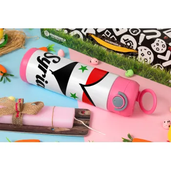 Syria flag, Easter candle, Childrens hot water bottle, stainless steel, with safety straw, PINK (500ml)