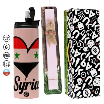 Syria flag, Πασχαλινή Λαμπάδα με  ΡΟΖ Travel Tumbler θερμό (600ml, BPA free) & κερί αρωματικό πλακέ (30cm) (ΡΟΖ)