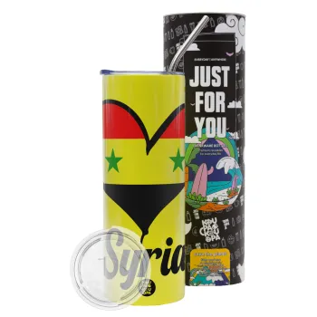 Syria flag, Neon Yellow Travel Tumbler θερμό, μεταλλικό καλαμάκι(Ανωξείδωτο 304 Food grade, BPA free, 600ml)