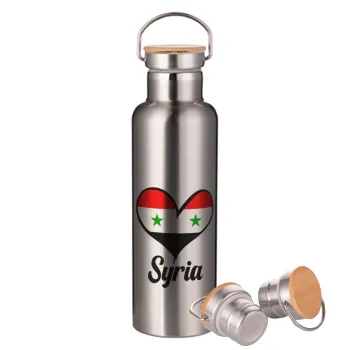 Syria flag, Μεταλλικό παγούρι θερμός (Stainless steel) Ασημένιο με ξύλινο καπακι (bamboo), διπλού τοιχώματος, 750ml