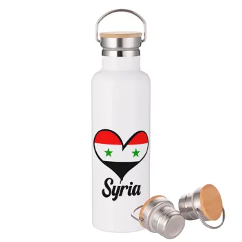 Syria flag, Μεταλλικό παγούρι θερμός (Stainless steel) Λευκό με ξύλινο καπάκι (bamboo), διπλού τοιχώματος, 750ml