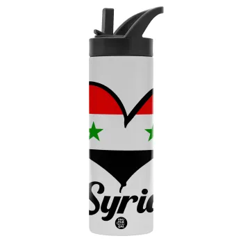 Syria flag, Metallic thermos bottle with straw & handle, stainless steel (Stainless steel 304), double-walled, 600ml.