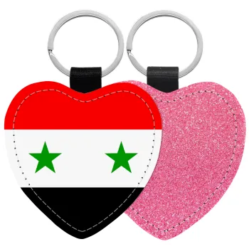 Syria flag, Μπρελόκ PU δερμάτινο glitter καρδιά ΡΟΖ