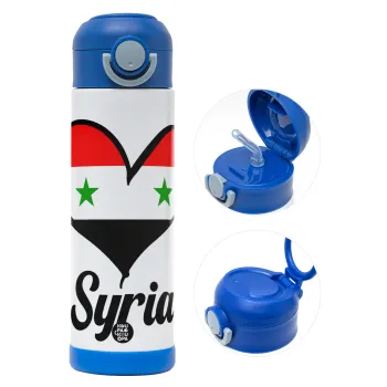 Syria flag, Children's hot water bottle, stainless steel, with safety straw, BLUE (500ml)