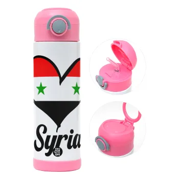 Syria flag, Παιδικό παγούρι θερμό, ανοξείδωτο, με καλαμάκι ασφαλείας, ΡΟΖ (500ml)