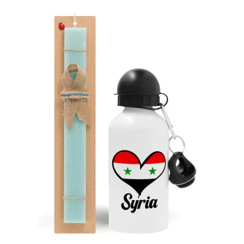 Syria flag, Easter Set, metallic aluminum water bottle (500ml) & scented flat candle (30cm) (TURQUOISE)