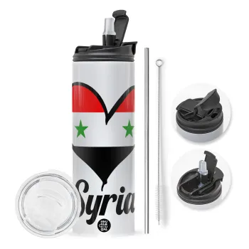 Syria flag, Travel Tumbler 2 Lids, with metal straw & cleaning brush (Stainless steel 304 Food grade, BPA free, 600ml)