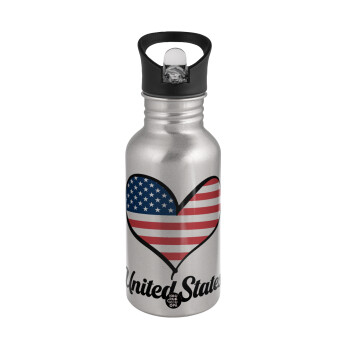 USA flag, Water bottle Silver with straw, stainless steel 500ml