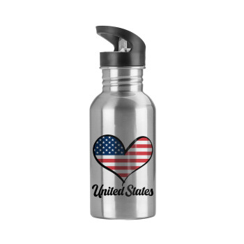 USA flag, Water bottle Silver with straw, stainless steel 600ml