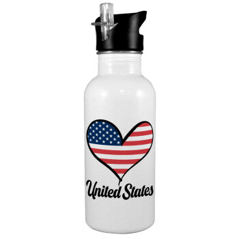 USA flag, White water bottle with straw, stainless steel 600ml