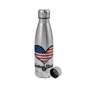USA flag, Metallic water bottle, stainless steel, 750ml