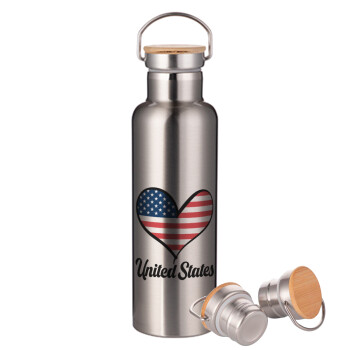 USA flag, Stainless steel Silver with wooden lid (bamboo), double wall, 750ml