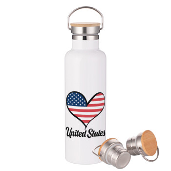 USA flag, Μεταλλικό παγούρι θερμός (Stainless steel) Λευκό με ξύλινο καπάκι (bamboo), διπλού τοιχώματος, 750ml