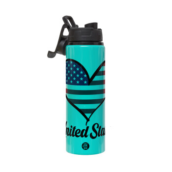 USA flag, Metallic water bottle with safety lid, 850ml aluminum