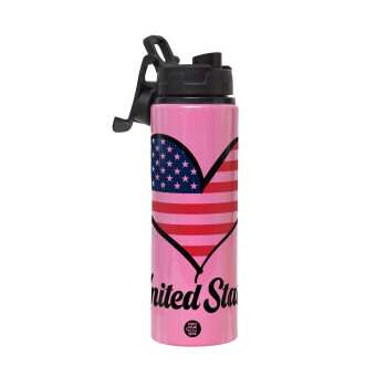 USA flag, Metallic water bottle with safety lid, 850ml aluminum