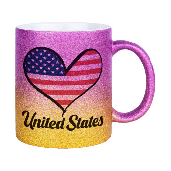 USA flag, Κούπα Χρυσή/Ροζ Glitter, κεραμική, 330ml