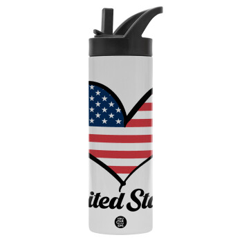 USA flag, Metallic thermos bottle with straw & handle, stainless steel (Stainless steel 304), double-walled, 600ml.