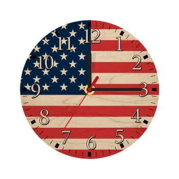 USA flag, Ρολόι τοίχου ξύλινο plywood (20cm)