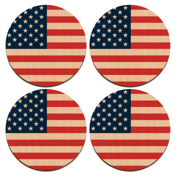 USA flag, ΣΕΤ x4 Σουβέρ ξύλινα στρογγυλά plywood (9cm)