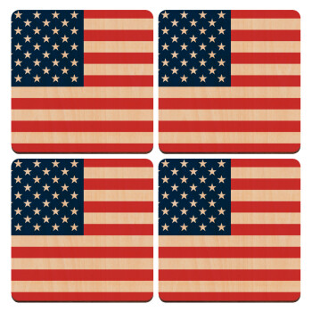 USA flag, ΣΕΤ x4 Σουβέρ ξύλινα τετράγωνα plywood (9cm)