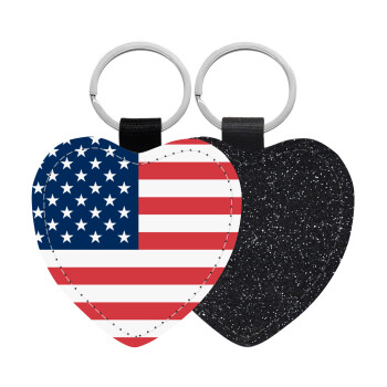 USA flag, Μπρελόκ PU δερμάτινο glitter καρδιά ΜΑΥΡΟ