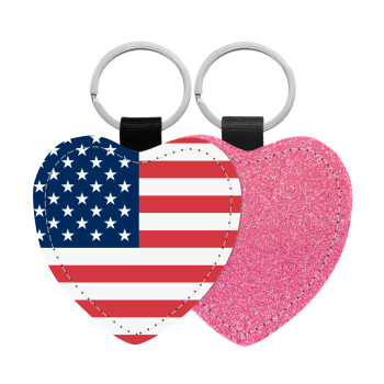 USA flag, Μπρελόκ PU δερμάτινο glitter καρδιά ΡΟΖ
