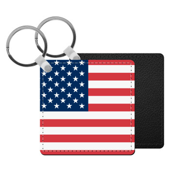 USA flag, Μπρελόκ Δερματίνη, τετράγωνο ΜΑΥΡΟ (5x5cm)