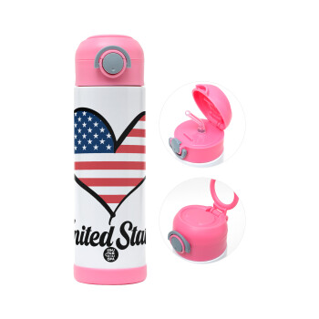 USA flag, Children's hot water bottle, stainless steel, with safety straw, PINK (500ml)