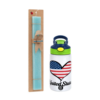 USA flag, Πασχαλινό Σετ, Παιδικό παγούρι θερμό, ανοξείδωτο, με καλαμάκι ασφαλείας, πράσινο/μπλε (350ml) & πασχαλινή λαμπάδα αρωματική πλακέ (30cm) (ΤΙΡΚΟΥΑΖ)