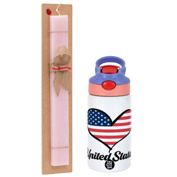 USA flag, Easter Set, Children's thermal stainless steel water bottle with safety straw, pink/purple (350ml) & Easter scented flat candle (30cm) (PINK)