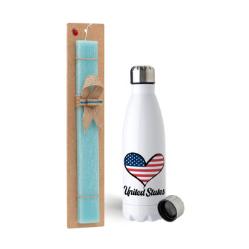 USA flag, Easter Set, metallic stainless steel water bottle (750ml) & aromatic flat Easter candle (30cm) (TURQUOISE)