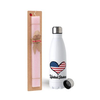 USA flag, Πασχαλινή Λαμπάδα με μεταλλικό παγούρι ανοξείδωτο (750ml) & κερί αρωματικό πλακέ (30cm) (ΡΟΖ)