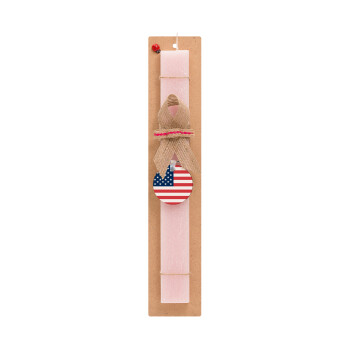USA flag, Πασχαλινό Σετ, ξύλινο μπρελόκ & πασχαλινή λαμπάδα αρωματική πλακέ (30cm) (ΡΟΖ)