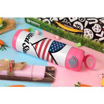 USA flag, Πασχαλινή Λαμπάδα με Παιδικό παγούρι θερμό, ανοξείδωτο, με καλαμάκι ασφαλείας, ΡΟΖ (500ml)