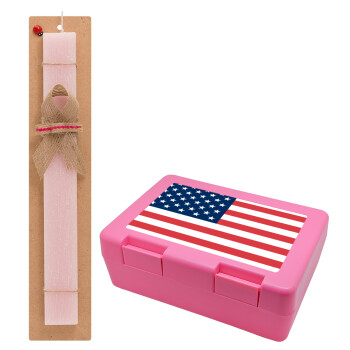 USA flag, Πασχαλινό Σετ, παιδικό δοχείο κολατσιού ΡΟΖ & πασχαλινή λαμπάδα αρωματική πλακέ (30cm) (ΡΟΖ)