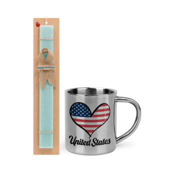 USA flag, Πασχαλινό Σετ, μεταλλική κούπα θερμό (300ml) & πασχαλινή λαμπάδα αρωματική πλακέ (30cm) (ΤΙΡΚΟΥΑΖ)