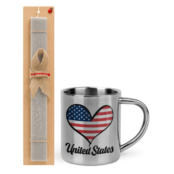USA flag, Πασχαλινό Σετ, μεταλλική κούπα θερμό (300ml) & πασχαλινή λαμπάδα αρωματική πλακέ (30cm) (ΓΚΡΙ)