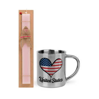 USA flag, Πασχαλινό Σετ, μεταλλική κούπα θερμό (300ml) & πασχαλινή λαμπάδα αρωματική πλακέ (30cm) (ΡΟΖ)