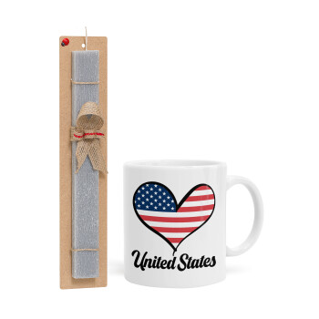 USA flag, Πασχαλινό Σετ, Κούπα κεραμική (330ml) & πασχαλινή λαμπάδα αρωματική πλακέ (30cm) (ΓΚΡΙ)
