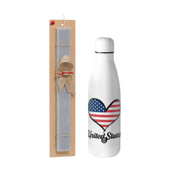 USA flag, Easter Set, metallic stainless thermos bottle (500ml) & scented flat Easter candle (30cm) (GRAY)