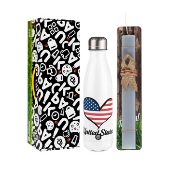USA flag, Easter candle, metallic white thermos bottle (500ml) & aromatic flat candle (30cm) (GRAY)
