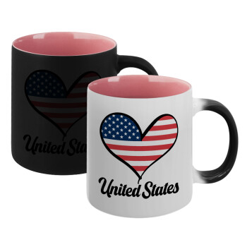 USA flag, Κούπα Μαγική εσωτερικό ΡΟΖ, κεραμική 330ml που αλλάζει χρώμα με το ζεστό ρόφημα