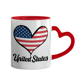 USA flag, Κούπα καρδιά χερούλι κόκκινη, κεραμική, 330ml