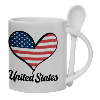 USA flag, Ceramic coffee mug with Spoon, 330ml (1pcs)