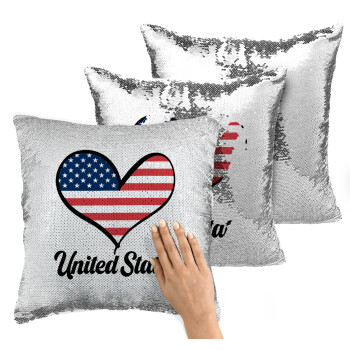 USA flag, Μαξιλάρι καναπέ Μαγικό Ασημένιο με πούλιες 40x40cm περιέχεται το γέμισμα