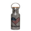 Stainless steel metallic thermos flask, silver with a bamboo lid, double-walled, 350ml.